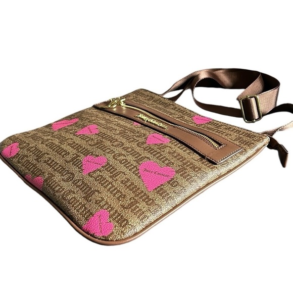 Juicy Couture Basic Love Crossbody  Chestnut Brown With Pink Hearts Purse - Picture 5 of 10